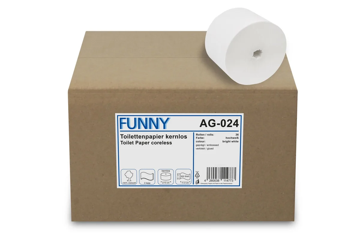 Toilettenpapier kernlos, 2-lagig, 900 Blatt Zellstoff weiß, Ø 13 cm, 36 Rollen