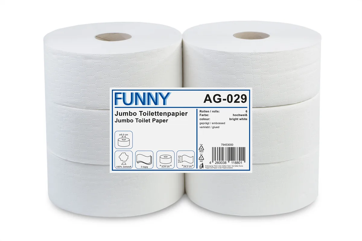 Jumbo-Toilettenpapier, 3-lagig Zellstoff weiß, Ø 24 cm, 6 Rollen