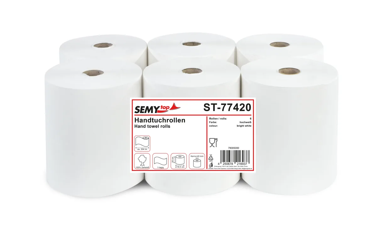 Handtuchrolle 20 cm, 1-lagig, 304 m Zellstoff weiß, Ø 19,5 cm, 6 Rollen