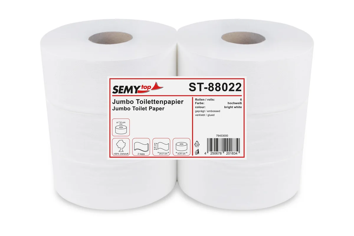 Jumbo-Toilettenpapier, 2-lagig Zellstoff weiß, Ø 25 cm, 6 Rollen