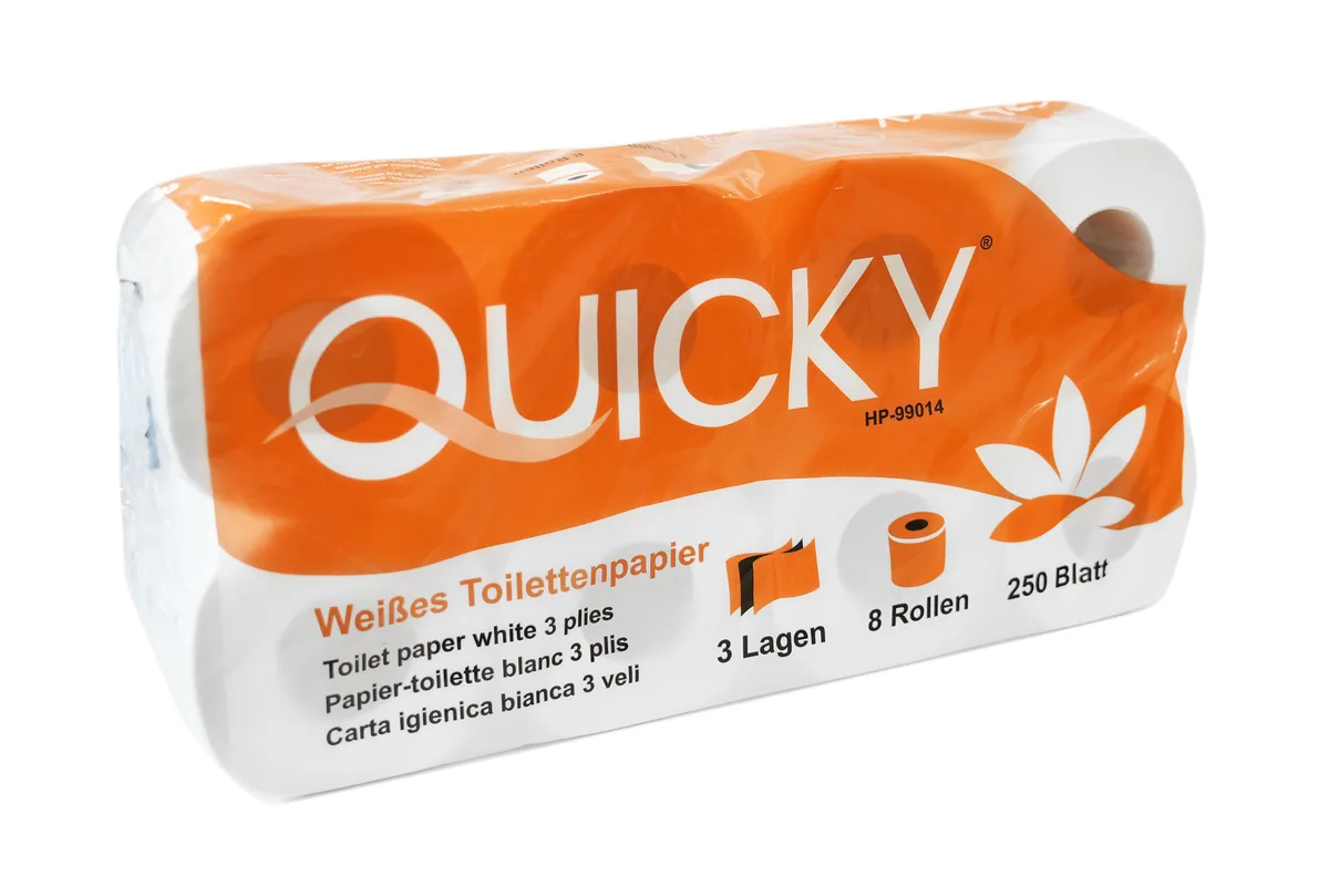 Toilettenpapier 3-lagig, 250 Blatt Zellstoff weiß, 6 x 8 Rollen