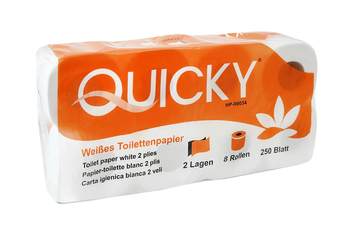Toilettenpapier 2-lagig, 250 Blatt Zellstoff weiß, 8 x 8 Rollen