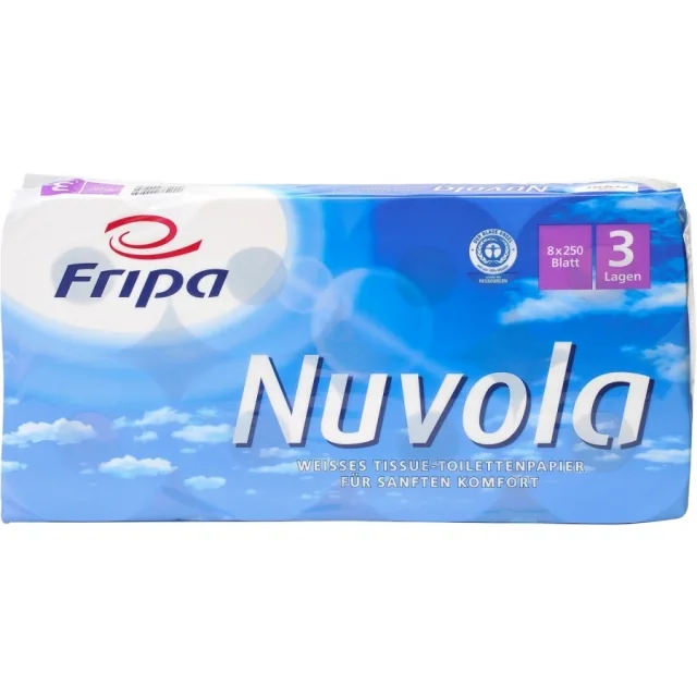 Toilettenpapier Fripa Nuvola 3-lagig RECYCLING hochweiß mit Blauem Engel 10x12cm 6x8 Rollen á 250 Bl.