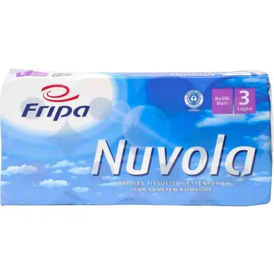 Toilettenpapier Fripa Nuvola 3-lagig RECYCLING hochweiß mit Blauem Engel 10x12cm 6x8 Rollen á 250 Bl.