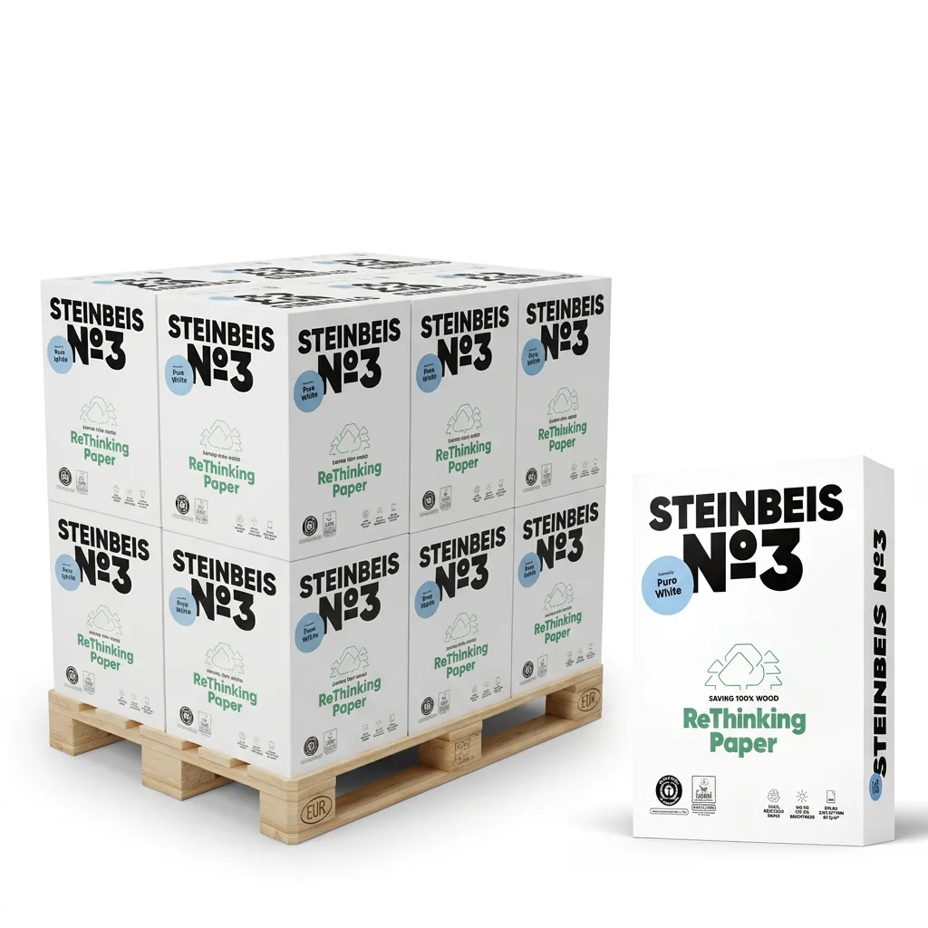 Steinbeis No.3 Pure White Recyclingpapier 80g/qm DIN A4 - Palette (100.000 Blatt), recyclingweiss